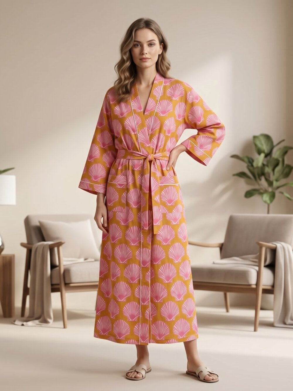 Floral Kimono Robe for Women – Handmade Cotton Lounge Robe, Boho Botanical Print